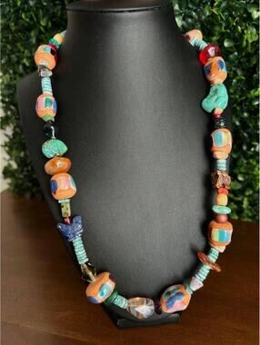 Southwest Chunky Stone Bead Necklace Turquoise Agate Boho Artisan